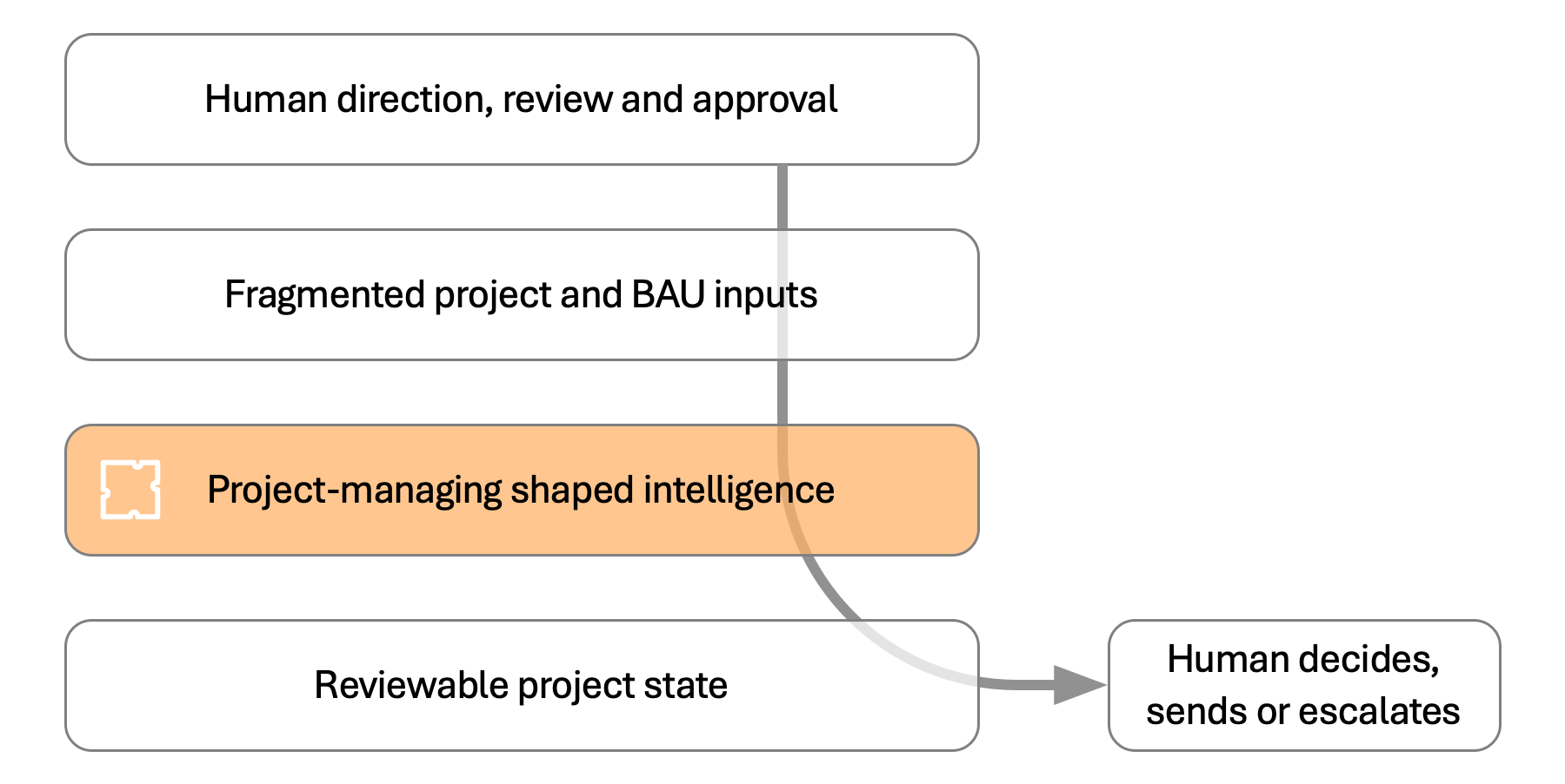 Diagram showing project-managing shaped intelligence turning fragmented project and BAU inputs into reviewable project state under human direction.